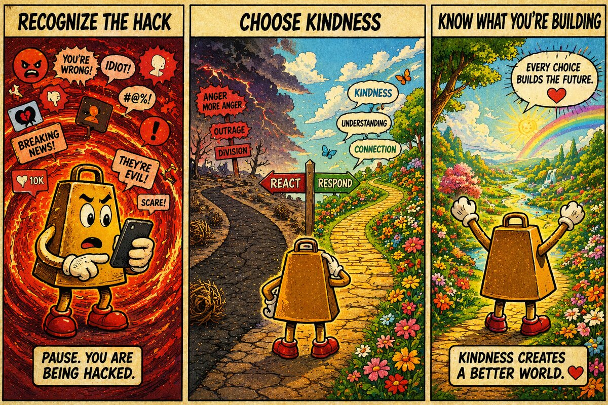 The Kindness Protocol illustrated in three panels: Recognize the Hack, Choose Kindness, and Know What You're Building